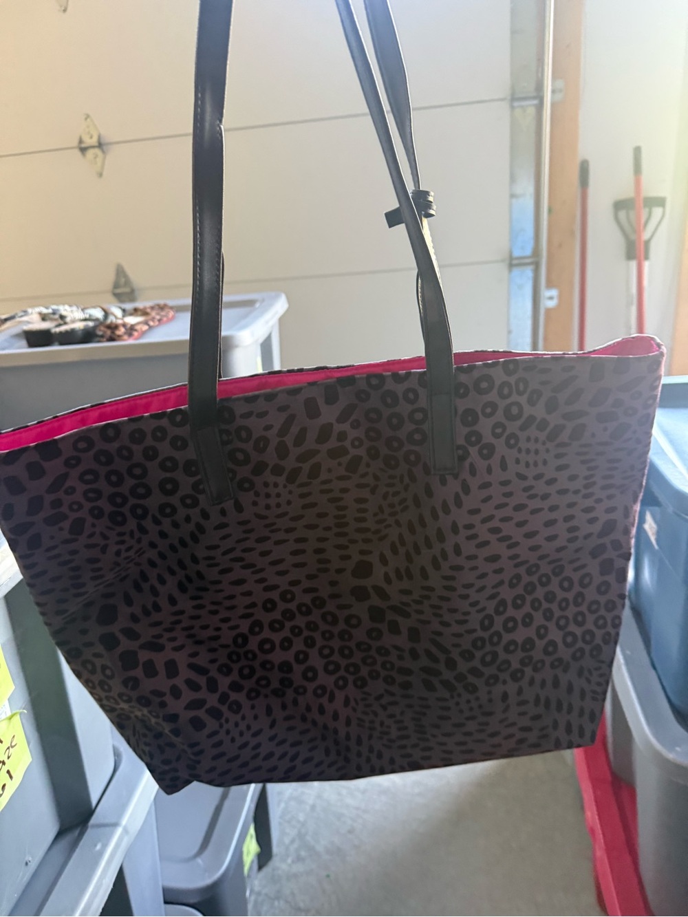 Large Black Leopard-Print Tote with Pink Lining